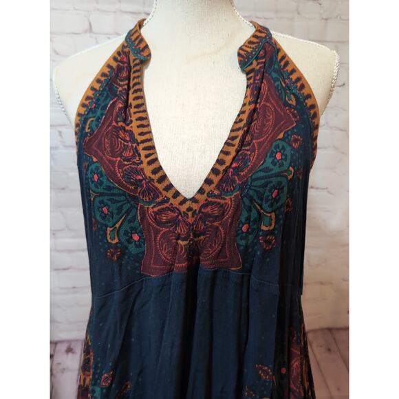 Free People Steal The Sun Teal Blue Print Tunic Dress Halter Neck Size Large - Picture 3 of 13